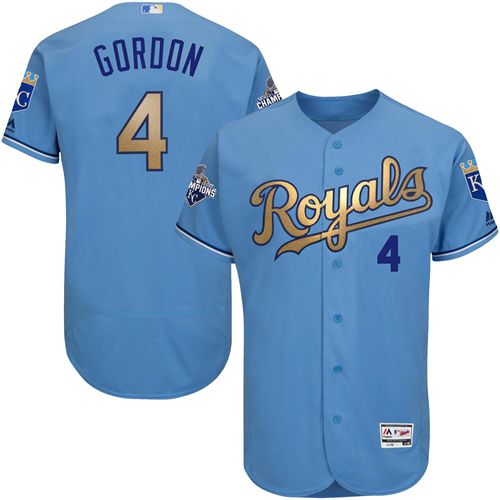 Royals #4 Alex Gordon Light Blue FlexBase Authentic 2015 World Series Champions Gold Program Stitched MLB Jersey - Click Image to Close